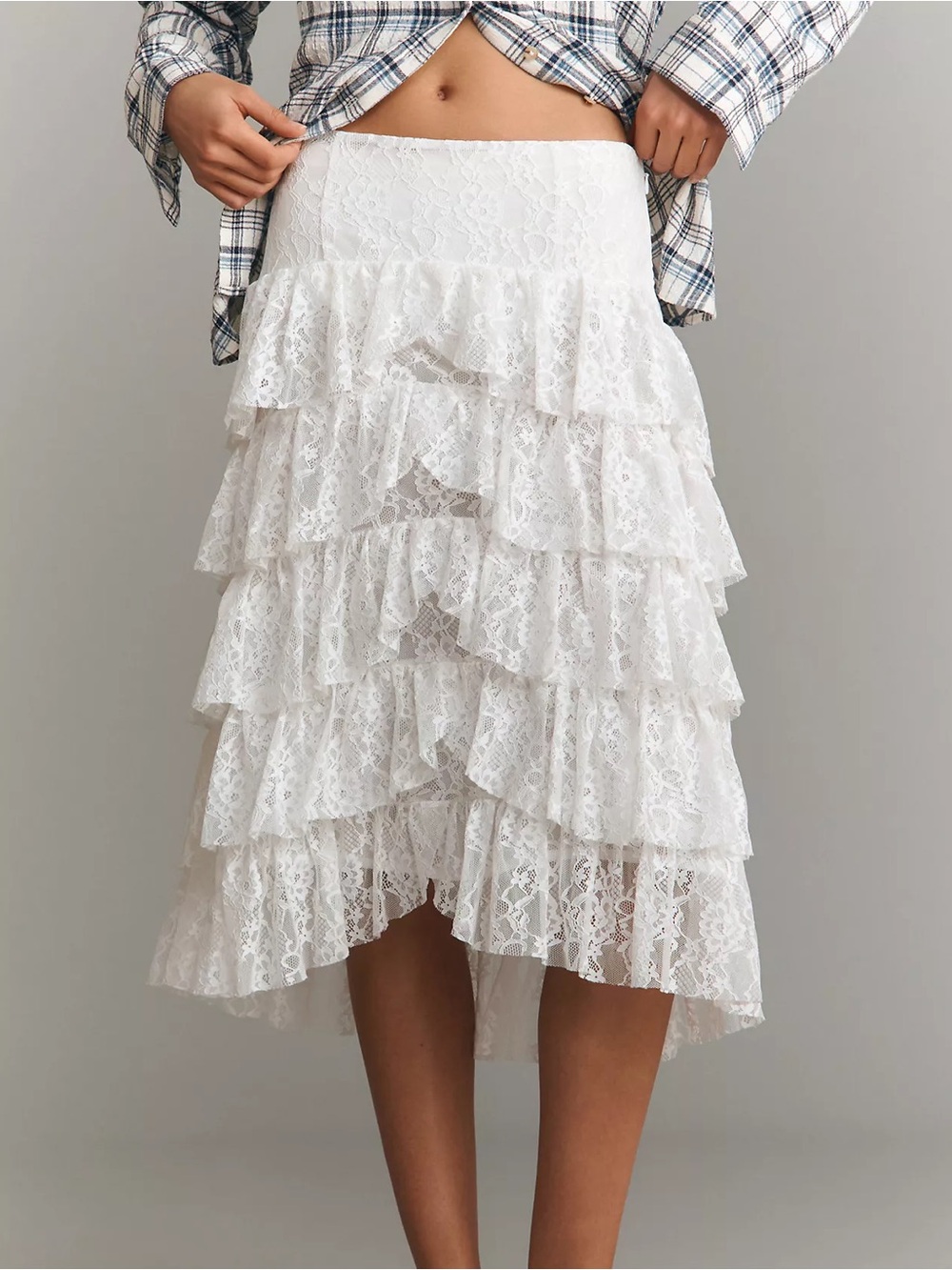 NWT Anthropologie Tiered Lace Midi Skirt in Ivory Size Small